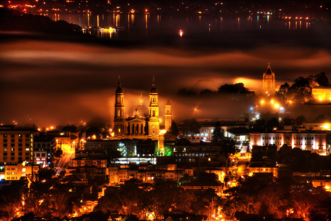 Обои картинки фото города, сан, франциско, сша, туман, san, francisco, огни, ночного