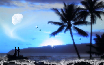 Картинка 3д графика atmosphere mood атмосфера настроения океан звезды луна пальмы силуэты свет иберег