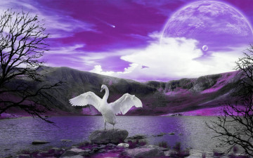 Картинка 3д графика atmosphere mood атмосфера настроения лебедь озеро горы ветки тучи планеты