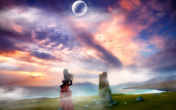 Картинка 3д графика atmosphere mood атмосфера настроения тучи девушка трава камни берег море свет планета