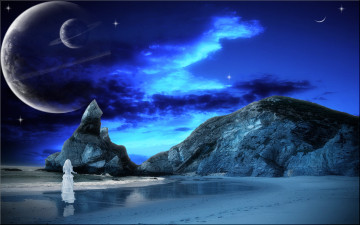 Картинка 3д графика atmosphere mood атмосфера настроения плпнеты звезды девушка океан берег скалы