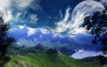 Картинка 3д графика atmosphere mood атмосфера настроения облака горы море фламинго планета