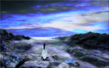 Картинка 3д графика atmosphere mood атмосфера настроения море туучи девушка скалы залив