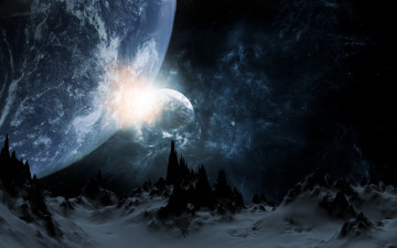 Картинка 3д графика fantasy фантазия скалы снег спутники