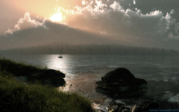 Картинка 3д графика nature landscape природа облака яхта озеро