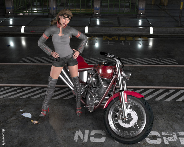 Обои картинки фото мотоциклы, 3d, девушка, мотоцикл