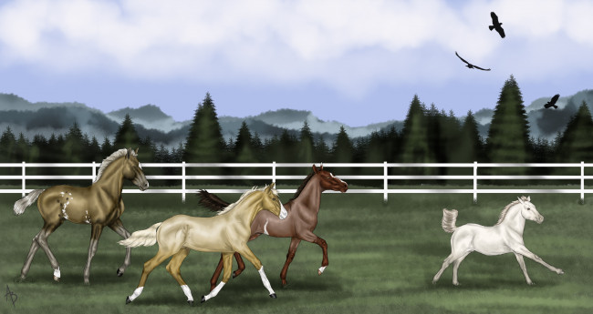Обои картинки фото рисованные, животные, лошади, лес, забор