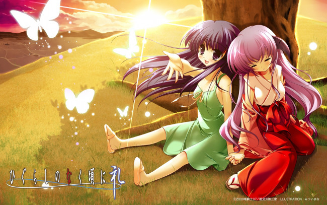 Обои картинки фото аниме, higurashi, no, naku, koro, ni, девушки, бабочки, furude, rika, hanyuu