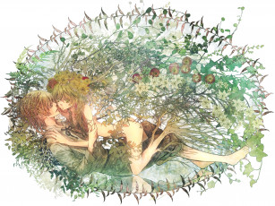 Картинка аниме -animals+&+creatures арт shijuu hachi девушка парень листья цветы слезы