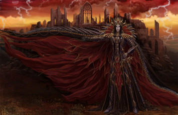 Картинка фэнтези демоны арт dark lord парень плащ броня меч молнии руины