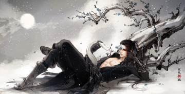 Картинка фэнтези люди арт парень лежа змея дерево маска снег