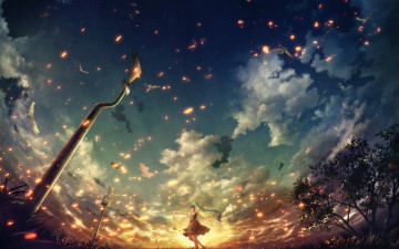 Картинка аниме *unknown+ другое трава девушка дорожный знак птицы облака закат небо деревья угольки клетка