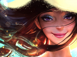 Картинка рисованное люди лето улыбка девушка шляпа лицо волосы глаза