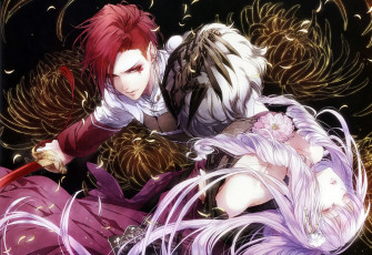 Картинка аниме reine+des+fleurs reine des fleurs kagerou usuba art ghislain visual novel королева цветов violette сабля двое красные волосы