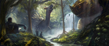 Картинка фэнтези существа люди ручей черепахи иной лес водопад гигантские мир