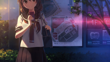 Картинка аниме yuuki+tatsuya+ artbook взгляд фон сумка форма указатели город телефон девушка