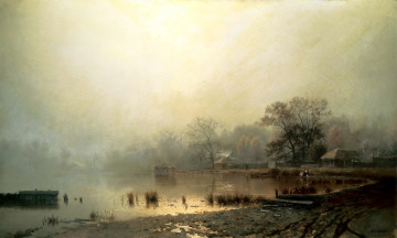 Картинка рисованное лев+каменев деревья берег вода осень туман