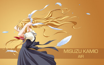 Картинка аниме air фон взгляд девушка волосы ленты перья