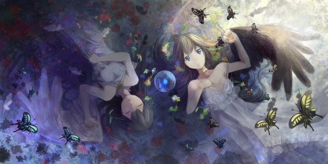 Обои картинки фото аниме, ангелы,  демоны, бабочки, девочки, арт, koroneko, p0w0q
