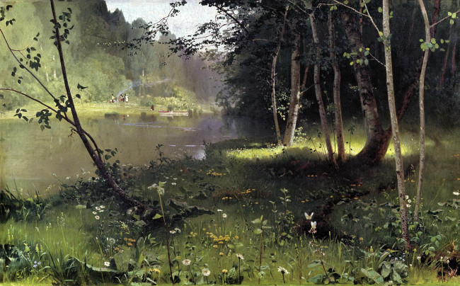Обои картинки фото рисованное, николай дубовской, лесная, река, деревья, трава, дубовской, вода, люди, лодки, бабочки, берег