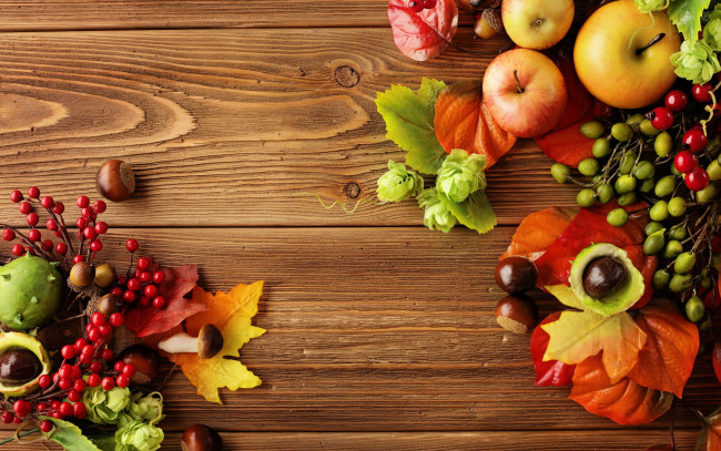 Обои картинки фото разное, ремесла,  поделки,  рукоделие, autumn, leaves, berries, still, life, harvest, fruit, apples, натюрморт, яблоки, листья, осень