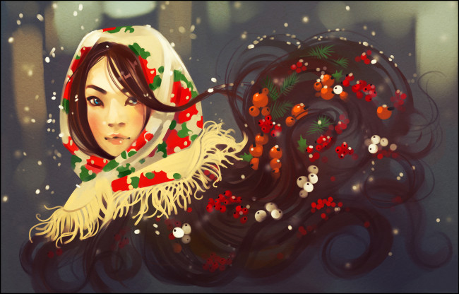Обои картинки фото рисованное, люди, зима, девушка, платок, волосы, ягоды, лицо, взгляд