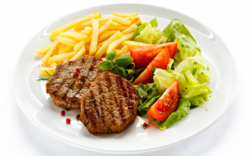 Картинка еда мясные+блюда картофель фри отбивные базилик салат помидоры