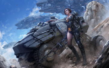 Картинка фэнтези роботы +киборги +механизмы киборг spaceship девушка вездеход скалы фантастика пушка