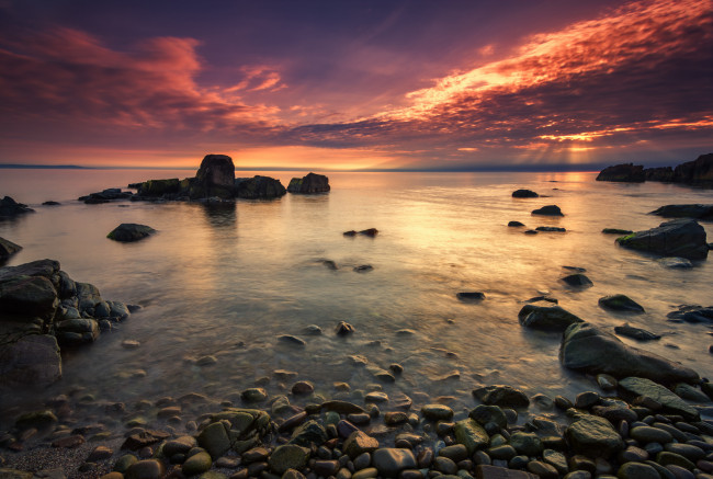 Обои картинки фото природа, побережье, рассвет, скалы, камни, море