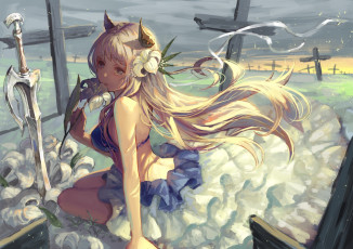 Картинка аниме ангелы +демоны кресты девушка цветок tamarashi рожки меч лилия