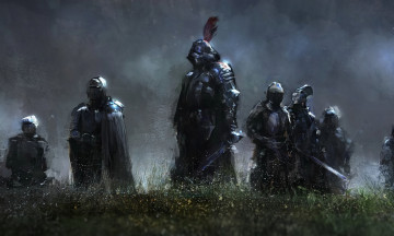 Картинка фэнтези люди трава туман оружие воин