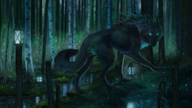 Обои картинки фото фэнтези, оборотни, природа, ночь, фонарь, лес, волк