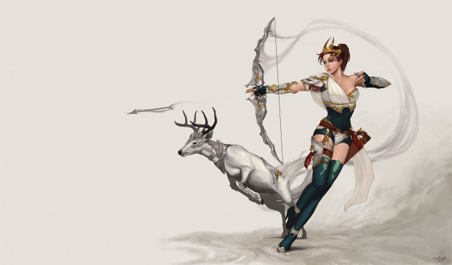 Обои картинки фото фэнтези, девушки, девушка, игра, олень, лучница, арт, охота, охотница, персонаж