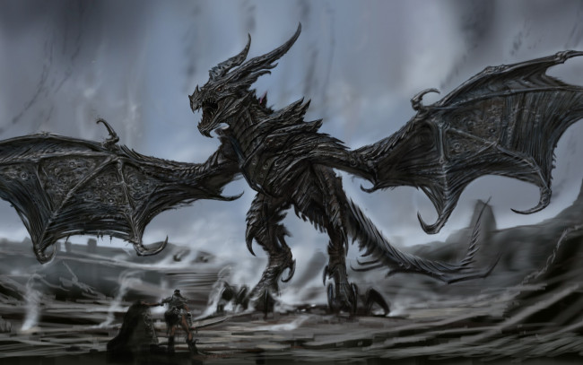 Обои картинки фото фэнтези, драконы, alduin, body, fang, dragon, man, monster, wings