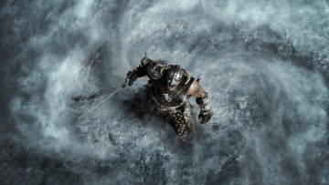обоя видео игры, the elder scrolls v,  skyrim, меч, рога, воин, крик, туман