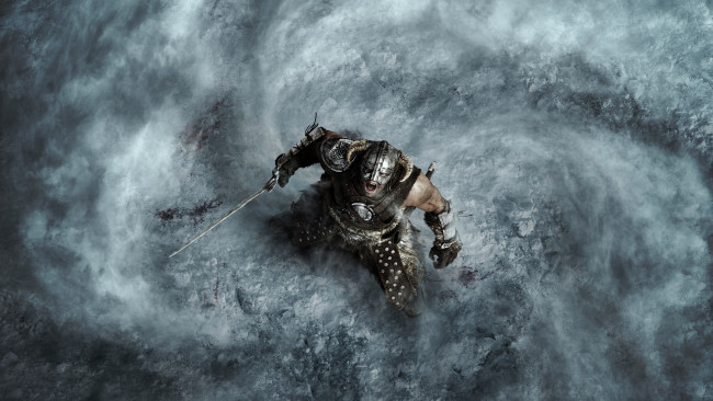 Обои картинки фото видео игры, the elder scrolls v,  skyrim, меч, рога, воин, крик, туман