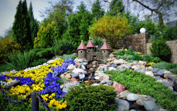 Картинка природа парк камни анютины глазки макет замок