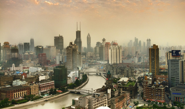Обои картинки фото шанхай, китай, города, река, небоскребы, мосты