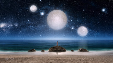 Картинка 3д графика fantasy фантазия камни ночь звездное небо звезды планеты три море