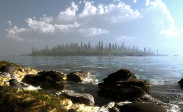 Картинка 3д графика nature landscape природа море облака остров камни