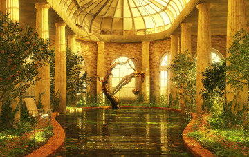 Картинка 3д графика realism реализм зелень скульптура бассейн помещение