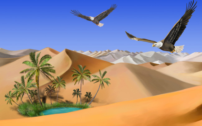 Обои картинки фото 3д, графика, nature, landscape, природа, пустыня, песок, орлы, оазис