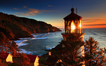 Картинка природа маяки дома вечер огни море