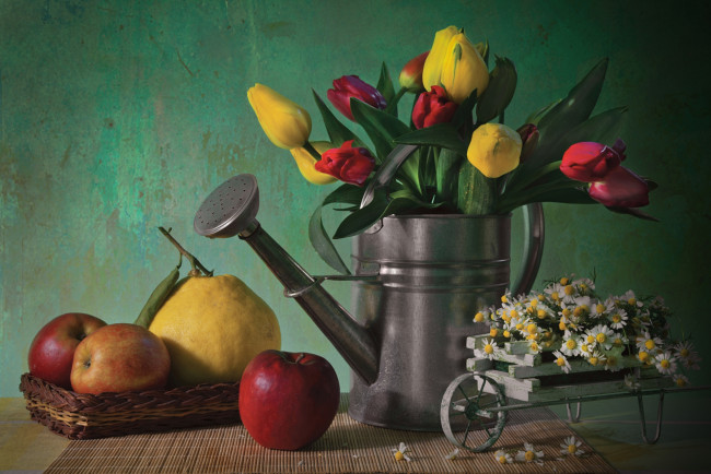 Обои картинки фото еда, натюрморт, яблоки, бергамот, тюльпаны