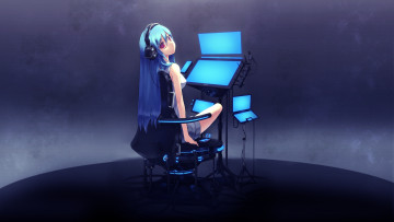 Картинка аниме -headphones+&+instrumental девушка экран компьютер перо графический планшет художник провода наушники кресло