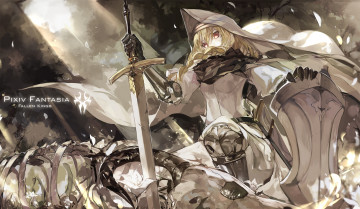 Картинка аниме pixiv+fantasia щит fallen kings меч воин девушка saberiii броня кости скелет