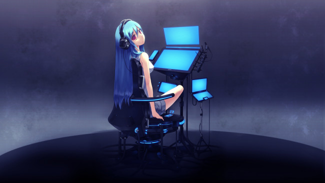 Обои картинки фото аниме, -headphones & instrumental, девушка, экран, компьютер, перо, графический, планшет, художник, провода, наушники, кресло