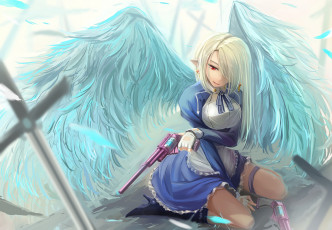 Картинка аниме ангелы +демоны девушка арт kikivi ангел оружие пистолеты крылья улыбка