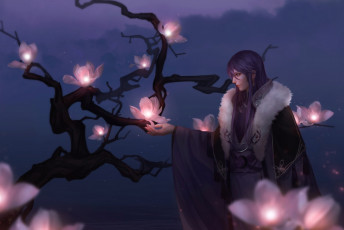 Картинка аниме vocaloid цветы парень auau kamui gakupo арт ночь дерево ветви