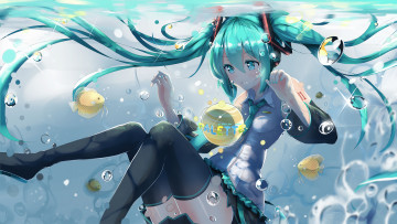Картинка аниме vocaloid hatsune miku kuroi asahi арт рыбки вода девушка пузырьки